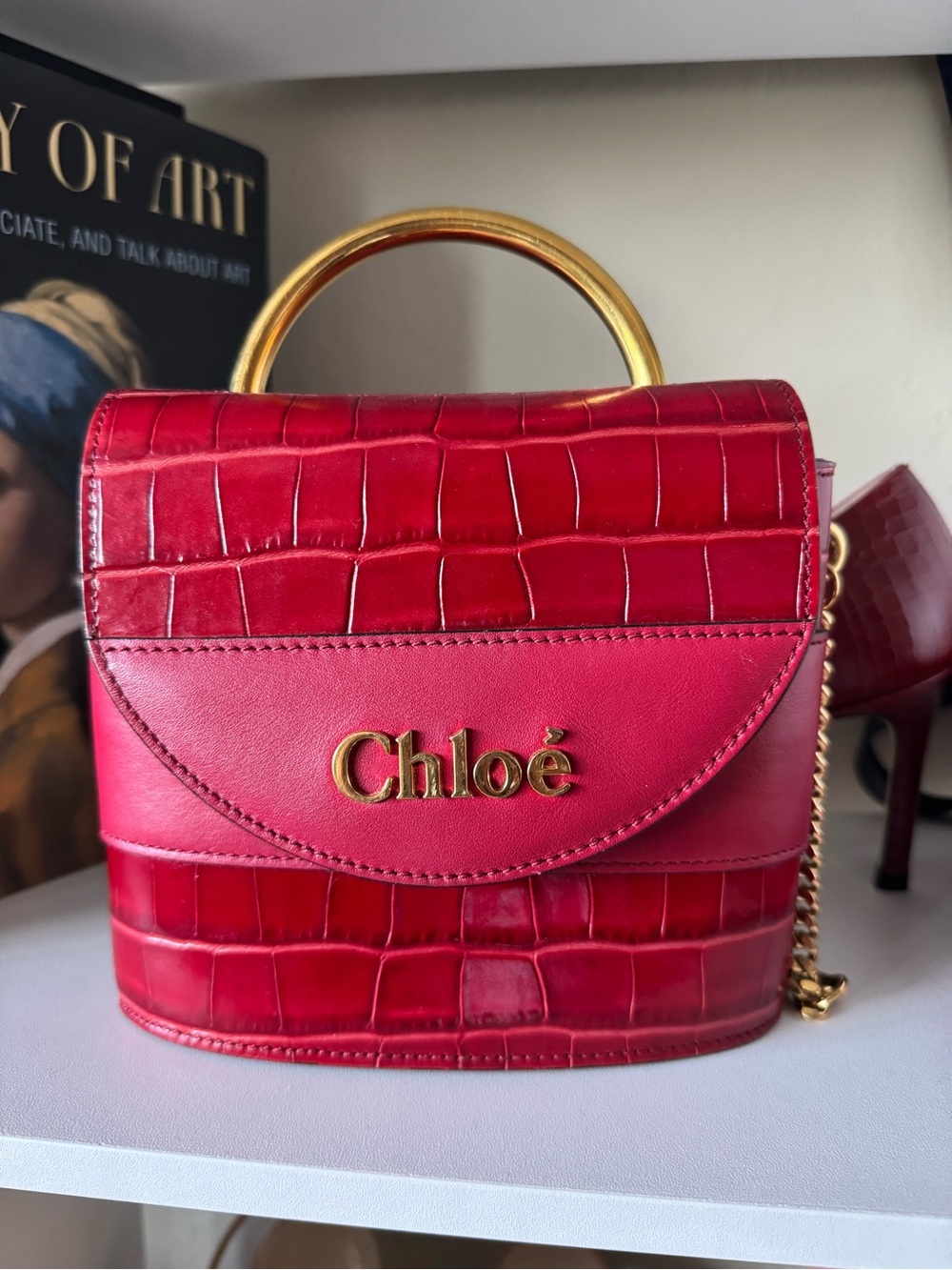 Chloe Crocodile Embossed Leather Small Aby Lock Dark Red Shoulder Bag